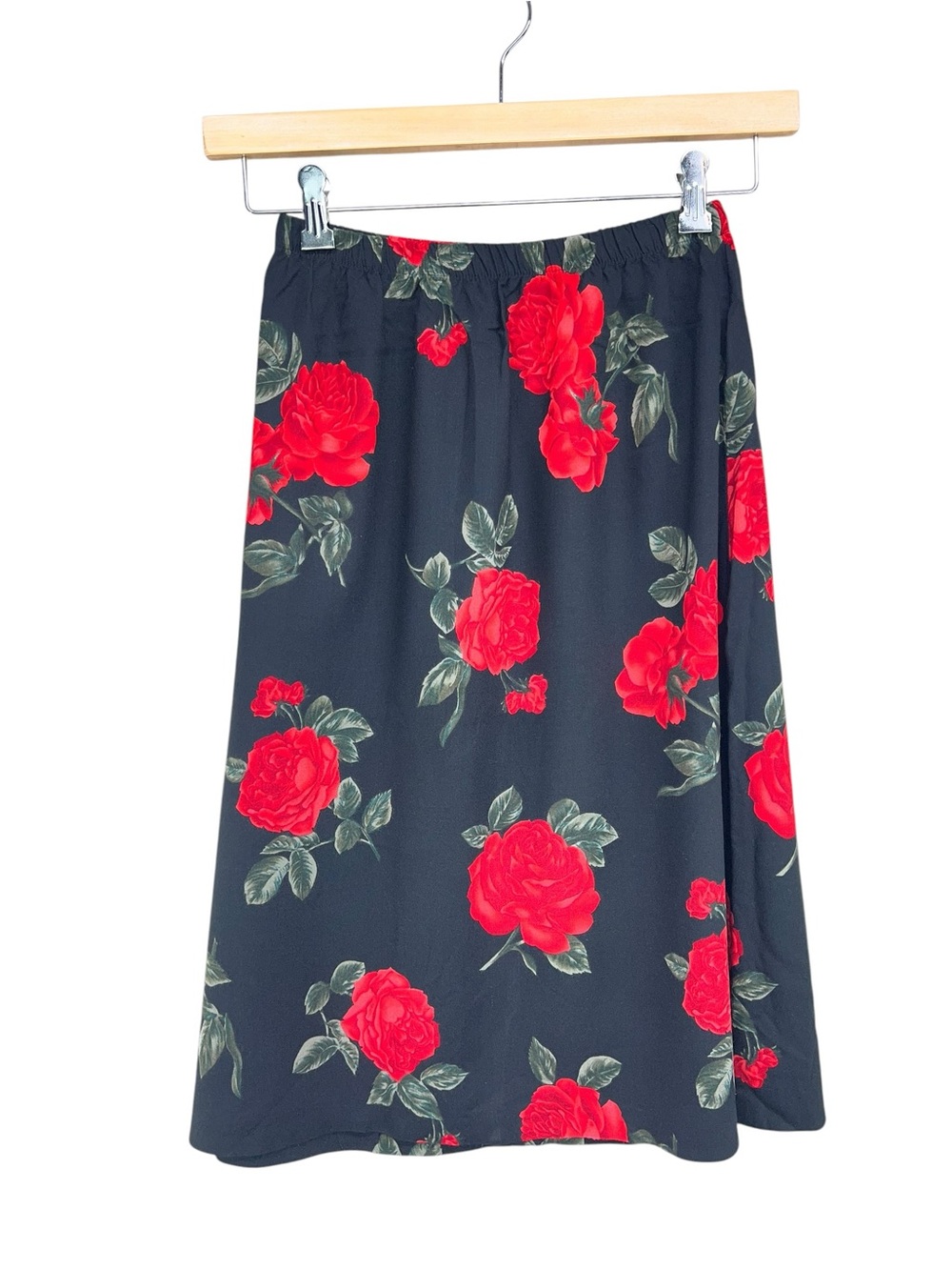 Vtg Elisabeth Whimsigoth Red Rose Black Midi Skirt